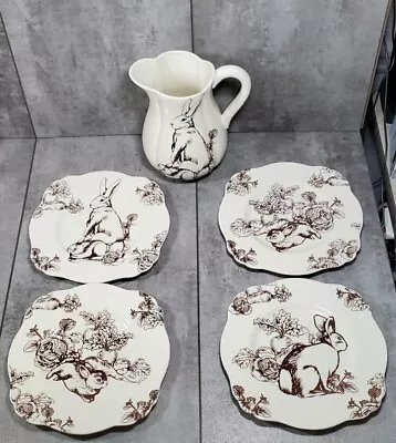 Set Of 5 J. Willfred Bunny Toile 9  Plates + Pitcher - Rabbits Brown And White • $249.99