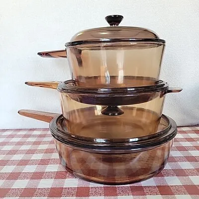 Amber Vision Corning Cookware Saucepan Set W/ PYREX Lids ~1.5l 2.5l  And Large • $70