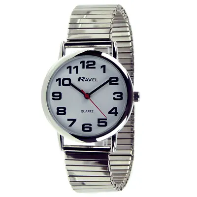 Ravel Mens Gents Expandable Strap Stretch Watch Chrome Bold Numbers Round Face • £13.99