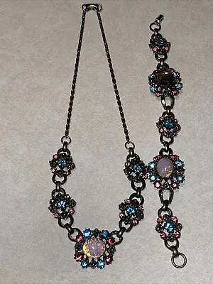 $19.99 • Buy Vintage Coro Faux Opal Cabochon Pink Blue Rhinestones Bracelet Necklace Set