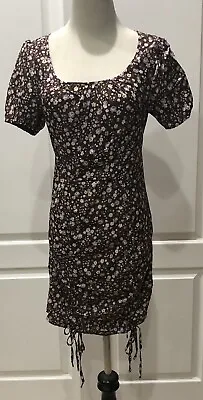 $15 • Buy Zaful Puff Sleeve Size 6 Deep Brown Floral Cinch Slip Dress