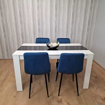 Kitchen Dining Table And 4 Chairs Wooden White Table Tufted Velvet Blue Chairs • £199.99