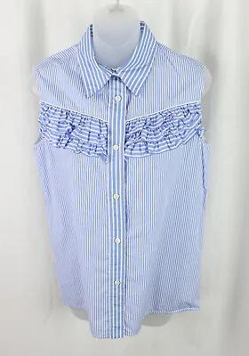 Miu Miu Light Blue White Striped 100% Cotton Ruffle Button Down Top Size 42 8 • $99