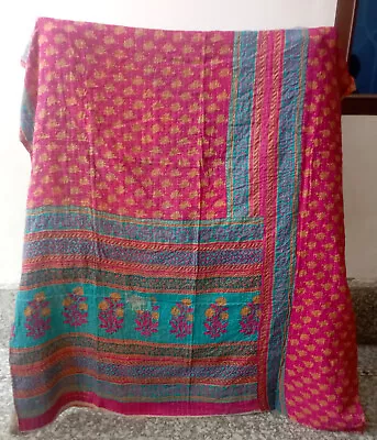 Vintage Indian Handmade Quilt Kantha Bedspread Throw Cotton Blanket Ralli Gudari • £20.96