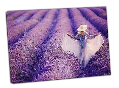 Woman In Lavender Flowers Field At Sunset Picture Print On Framed Canvas Art • £14.24