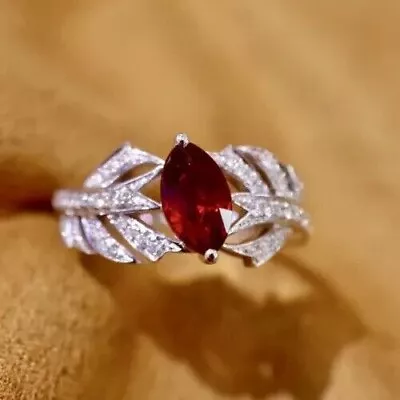3 Ct Marquise Cut Lab-Created Red Ruby Women Engagement Ring White Gold Plated • $145