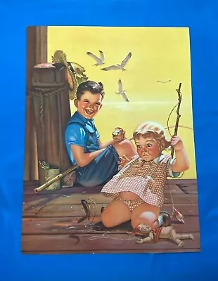 ORIGINAL VINTAGE CALENDAR PRINT 1940S LITHOGRAPH FISHING BOY & GIRL 9'' X 12' • $10