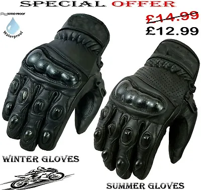 Mens Carbon Knuckle Short Winter Or Summer Motorbike / Motorcycle Leather Gloves • £12.99