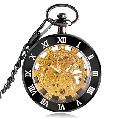 Classic Mens Mechanical Pocket Watch With Chain Open Face Fob Watches Xmas Gift • $17.85