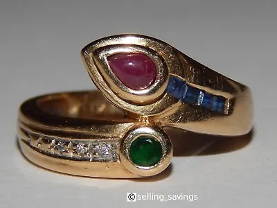 14k Yellow Gold Diamond Cabochon Ruby Emerald & Sapphire Bypass Band Ring Size 6 • $395