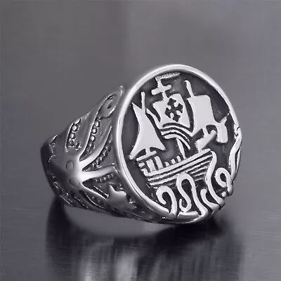 Men's Viking Pirate Ship Sea Monster Octopus Silver Stainless Steel Ring • $9.99