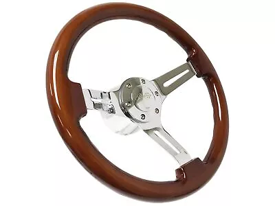 14  Inch Polished & Wood Steering Wheel Chevy Cross Flag Horn 6 Hole C10 Camaro • $169.19