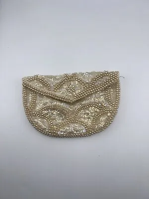 Vtg Beaded Evening Bag Purse White Gold Satin Lined Inner Pocket Party Preowned • $14.40