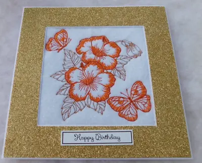 Complete Handmade Machine Embroidered Birthday Card Sketched Flowers & Butterfly • £3