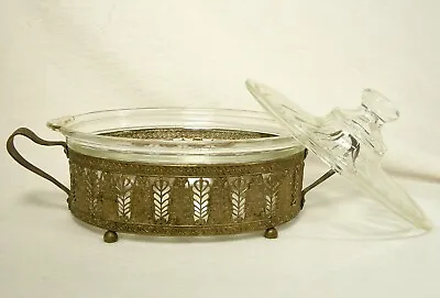 Vintage Art Deco Glasbake 1.25 Qt Oval Glass Casserole Dish W/ Lid Metal Carrier • $30