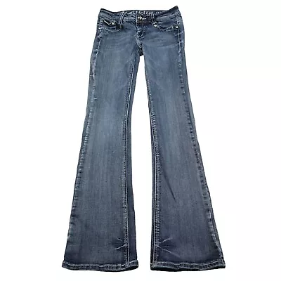 LA Idol Jeans Womens 27 Blue Bootcut Low Rise Rhinestone Pocket Zip Denim Pants • $23.98