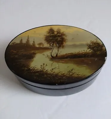 Vintage Russian Black Lacquer Wood Box Hand Painted Lake Scene Artist Signed  • $39.99