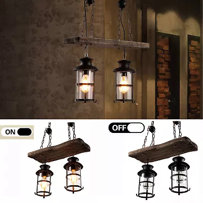 Rustic Wood Pendant Lamp 2 Light Chandelier Indoor Island Lighting Home Fixture! • $56