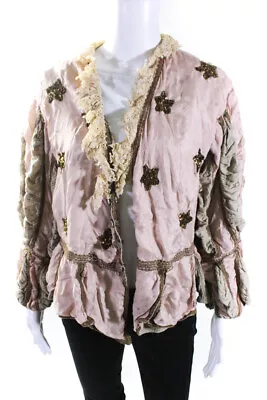 Magnolia Pearl Womens Reversible Lace Trim Sequin Jacket Beige Pink One Size • $102.50