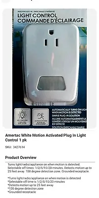 WESTEK Indoor  Plug-in Motion Activated  MOTION SENSING LIGHT - New • $16.99