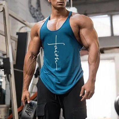 Men Gym Vest Racerback Bodybuilding Muscle Stringer Plain Fitness Tank Tops HOT • £7.57