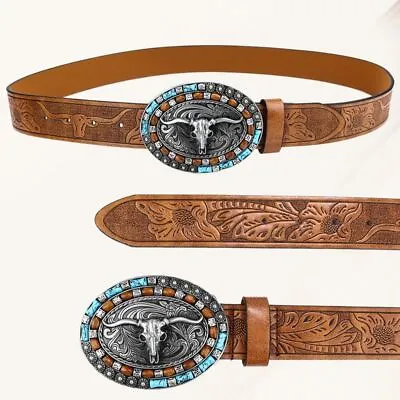 Mens Western Cowboy Belt PU Leather Waist Belt Bull Pattern Vintage Buckle Belt • $13.70