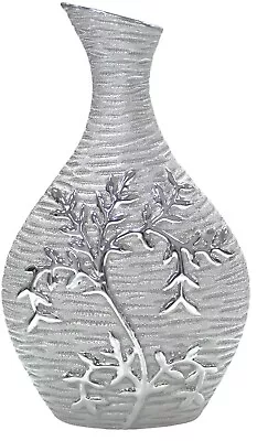 26cm Tall Silver Bottle Shape Flower Vase Mirrored Floral Design Textured Finish • £17.99