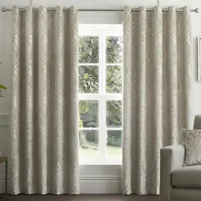 Luxury Embossed Floral Damask Eyelet Curtains OR Cushions - Silver / Natural • £73.99