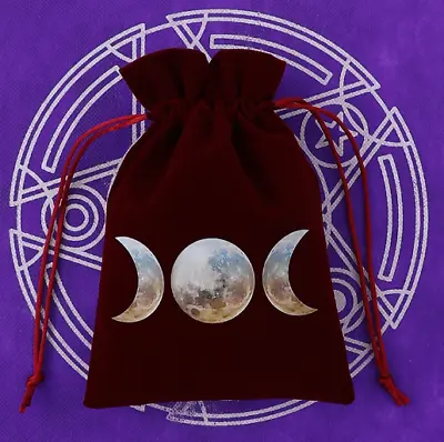 Burgundy Wine Dark Red Velvet Gift Bag / Tarot Bag With Triple Moon Phase Design • £3.99