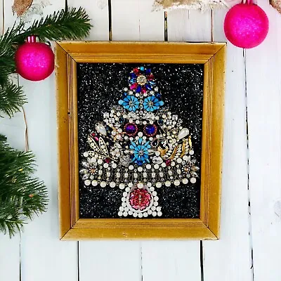 Vtg Wood Frame Jewelry Art Christmas Tree Rhinestones Mid Century Jeweled 12x9.5 • $49.99