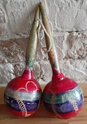 Vintage Red Turquoise Purple Honduras Wooden Maracas Hand Painted And Engraved  • $9.97