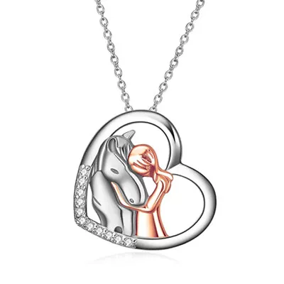 New Dainty Rose Gold White Horse With Girl Silver Heart Pendant Necklace Jewelry • $0.91