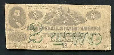 T-43 1862 $2 Two Dollars Csa Confederate States Of America Scarce • $199.95