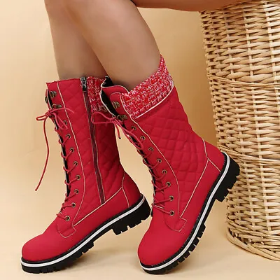 Women's Boots Round Toe Thick Sole Mid Calf Boots Solid Color Lace Up Warm • $103.91