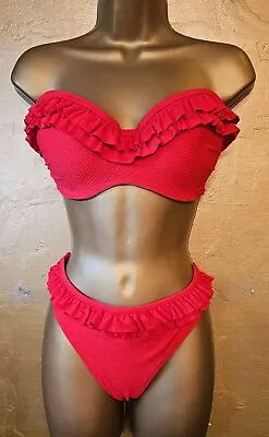 Marie Meili Red Bikini Frills Lined Bottoms S.16 Top 34DD Clip Back Boned. • £28