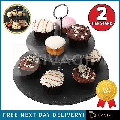 Cake Stand 2 Tier Natural Slate Tray Afternoon Tea Wedding Plates Party Serving • £6.75