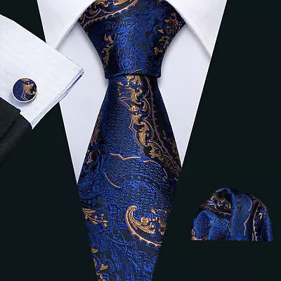 £9.99 • Buy UK Mens Silk Necktie Tie Set Blue Paisley Striped Solid Pocket Square Cufflinks