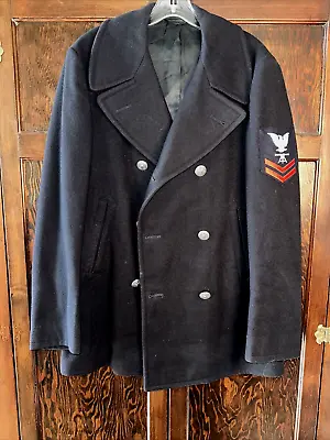 Us Military Black Peacoat/jacket Us 100% Wool Mens Dbl-breasted 6 Buttons Vtg • $45