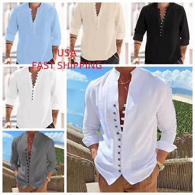 Men Button Up Shirt Solid Linen Hippie Beach Lightweight Casual Long Sleeve Soft • $29.86