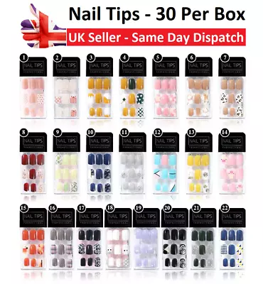 Stick Nails Tips False Fake 30 Per Pack 22 Glossy Colours/Designs Reusable • £2.49