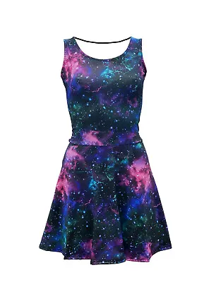 Women's Blue Purple Galaxy Cosmos Stars Planets Rockabilly Skater Dress • £25.99