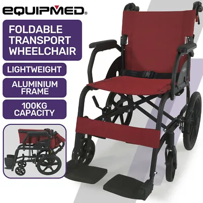 EQUIPMED Folding Transit Wheelchair Lightweight Aluminium Transport Foldable Red • $235