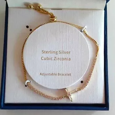 Cote Cate D Argent Gold/Sterling Silver Sideways Cross CZ Tennis Bracelet Slider • $25
