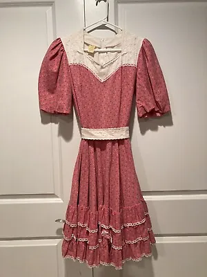 Vintage 70s Partners Please Malco Modes Pink Square Dance Dress W Lace Size 12 • $50