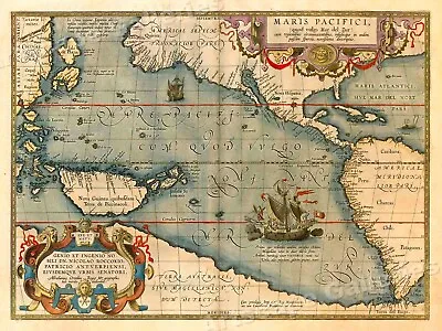 Map Of The Pacific Ocean With America 1589 Vintage Style Old World Map - 20x28 • $16.95