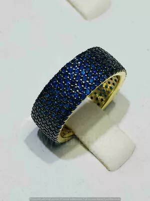 2Ct LabCreated 14k Yellow Gold Over Micro Pave Round Blue Sapphire Eternity Ring • $31.05