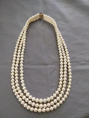 Vintage 3 Strand Graduated Saltwater Japanese Akoya Pearl Necklace 14k  Clasp • $999.99