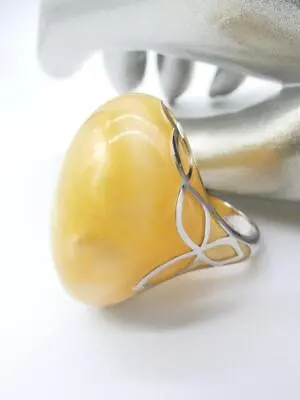 UNIQUE Chunky Organic Creme Marble Resin Lucite Oval Dome Silver Statement Ring • $19.99