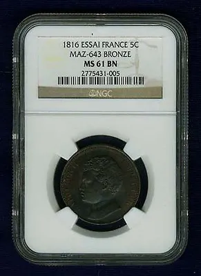 France Republic  1816  5 Centimes  Essai  Uncirculated & Certified Ngc Ms61-bn • $350