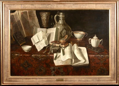 £558 • Buy 17th CENTURY HUGE FRENCH OLD MASTER OIL CANVAS - BOOKS & LETTERS ON TABLECLOTH